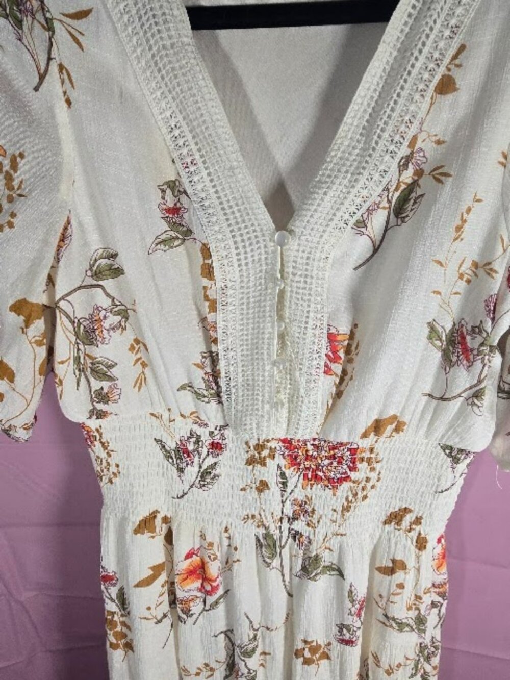 Boho Cream Floral Lace-Trim Smocked Maxi Dress